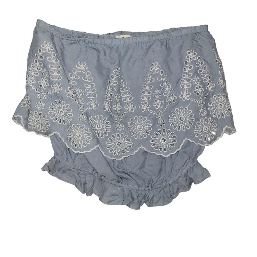 Poof! Embroidered Off Shoulder Eyelet Ruffle Top Light Blue M beachy California